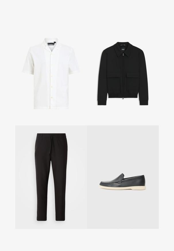 Giacca bomber nera con colletto, chiusura a zip frontale e due grandi tasche con patta. Presenta polsini e orlo a costine, realizzata in tessuto testurizzato.; Camicia bianca a maniche corte realizzata in tessuto morbido, con colletto a punte, sei bottoni sulla parte anteriore e una vestibilità rilassata.; Pantaloni jogger neri realizzati in tessuto liscio. Presentano una vita elasticizzata con stringa, gambe affusolate e senza tasche visibili. Design semplice.; Mocassini neri in pelle con finitura testurizzata e suola in gomma beige a contrasto. Presentano un accento sottile lungo la parte anteriore.