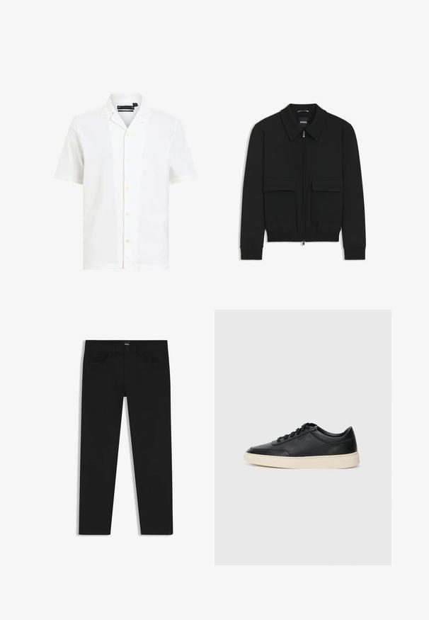 Schwarze Bikerjacke mit Kragen, Reißverschluss vorne und zwei großen Taschen mit Klappen. Mit Rippstrickbündchen und Saum, aus strukturiertem Stoff gefertigt.; Weißes Kurzarmhemd aus weichem Stoff, mit einem ausgeschnittenen Kragen, sechs Knöpfen auf der Vorderseite und einer lockeren Passform.; Schwarze Denim-Hosen mit geradem Schnitt, ausgestattet mit einem Standardbund, fünf Taschen und einem Knopfverschluss. Angenehme, glatte Textur.; Schwarzer niedriger Ledersneaker mit schwarzen Schnürsenkeln und cremefarbenem Sohlenrand, seitlich auf weißem Hintergrund dargestellt.