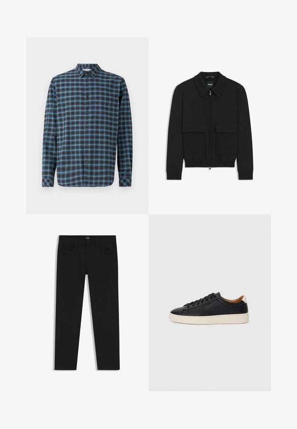 Giacca bomber nera con colletto, chiusura a zip frontale e due grandi tasche con patta. Presenta polsini e orlo a costine, realizzata in tessuto testurizzato.; Samsøe Samsøe LIAM - Camicia - turkish coffee; Pantaloni in denim nero con taglio dritto, dotati di vita standard, cinque tasche e chiusura con bottone. Texture liscia su tutta la superficie.; Sneakers in pelle nera con una texture liscia, suola in gomma beige, design con lacci e un accento del tacco in contrasto.