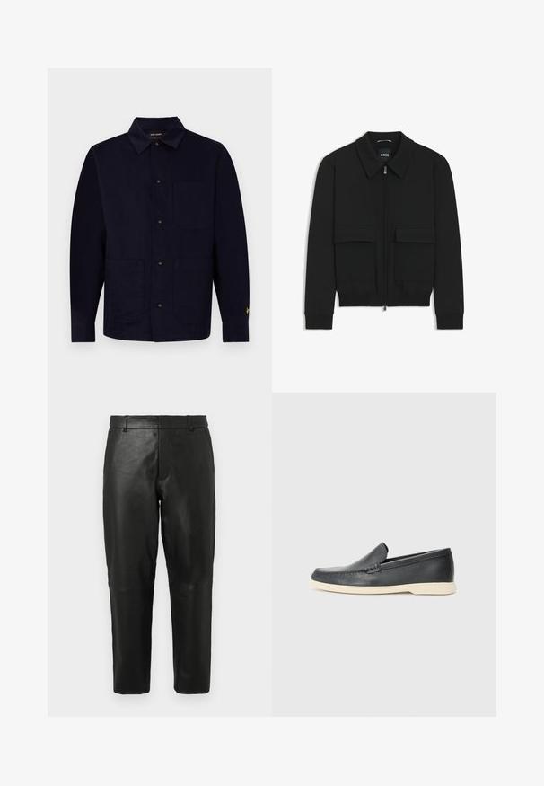 Zwarte bomberjack met een kraag, rits aan de voorkant en twee grote klepzakken. Heeft geribde manchetten en onderrand, gemaakt van textuurstof.; Marine blauwe button-up jas van katoen met een korte kraag, twee voorzakken en een klein geel logo detail op de mouw.; Zwarte leren rechte broek met riemlussen en zijzakken, weergegeven tegen een effen lichte achtergrond.; Zwarte leren instappers met een gestructureerde afwerking en een contrasterende beige rubberen zool. Beschikt over een subtiele accent langs de voorkant.