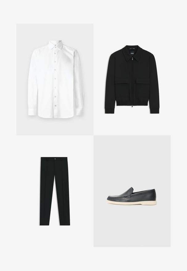 Zwarte bomberjack met een kraag, rits aan de voorkant en twee grote klepzakken. Heeft geribde manchetten en onderrand, gemaakt van textuurstof.; Witte lange mouwen shirt met een puntige kraag, knoopsluiting aan de voorkant en manchetten met één knoop. Gladde, effen stof zonder patronen of versieringen.; Zwarte dresspants met een recht pasvorm, gemaakt van een gladde stof. Heeft een sluiting met een knoop aan de voorkant en ceintuurlussen. Effen zonder patronen.; Zwarte leren instappers met een gestructureerde afwerking en een contrasterende beige rubberen zool. Beschikt over een subtiele accent langs de voorkant.