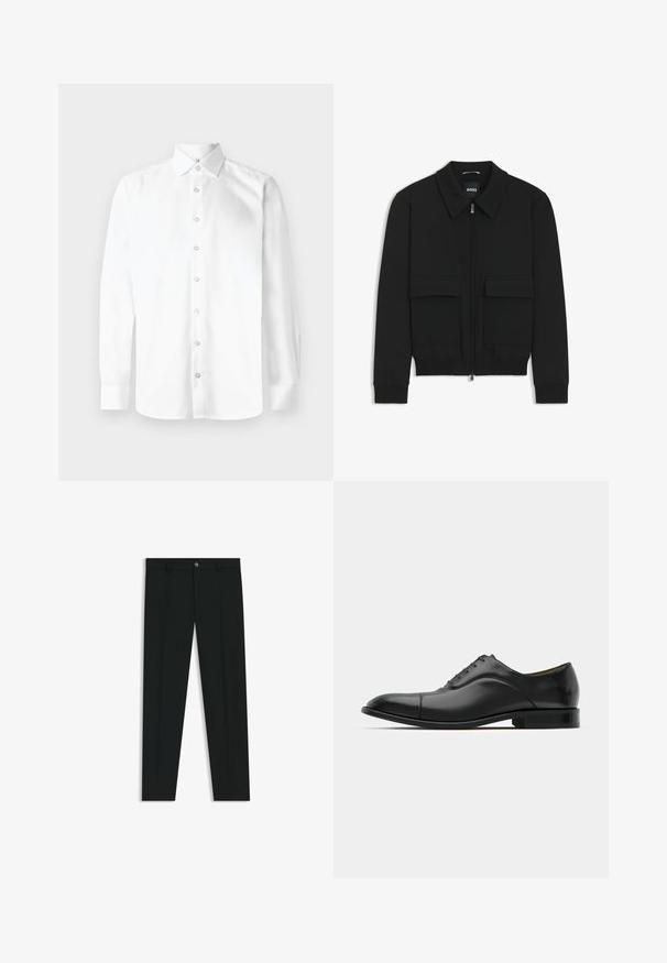 Zwarte bomberjack met een kraag, rits aan de voorkant en twee grote klepzakken. Heeft geribde manchetten en onderrand, gemaakt van textuurstof.; Witte lange mouwen shirt met een puntige kraag, knoopsluiting aan de voorkant en manchetten met één knoop. Gladde, effen stof zonder patronen of versieringen.; Zwarte dresspants met een recht pasvorm, gemaakt van een gladde stof. Heeft een sluiting met een knoop aan de voorkant en ceintuurlussen. Effen zonder patronen.; Zwarte leren jurk schoen met een gladde textuur, ronde neus en vijf veterogen. Beschikt over een lage gestapelde hak en subtiele naaddetails.