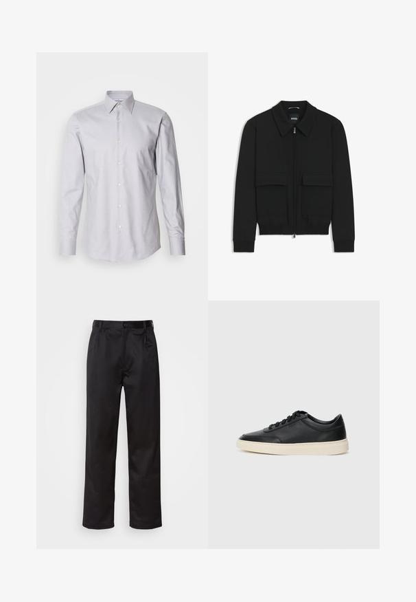 Giacca bomber nera con colletto, chiusura a zip frontale e due grandi tasche con patta. Presenta polsini e orlo a costine, realizzata in tessuto testurizzato.; Camicia a maniche lunghe grigio chiaro con colletto a bottoni, realizzata in tessuto intrecciato, con vestibilità classica e bottoni bianchi lungo la parte anteriore.; Pantaloni neri realizzati in tessuto morbido, con chiusura frontale a bottone, pieghe e gambe dritte. Nessun motivo o accento visibile.; Sneaker in pelle nera a basso profilo con lacci neri e suola avorio, mostrato di profilo su sfondo bianco.