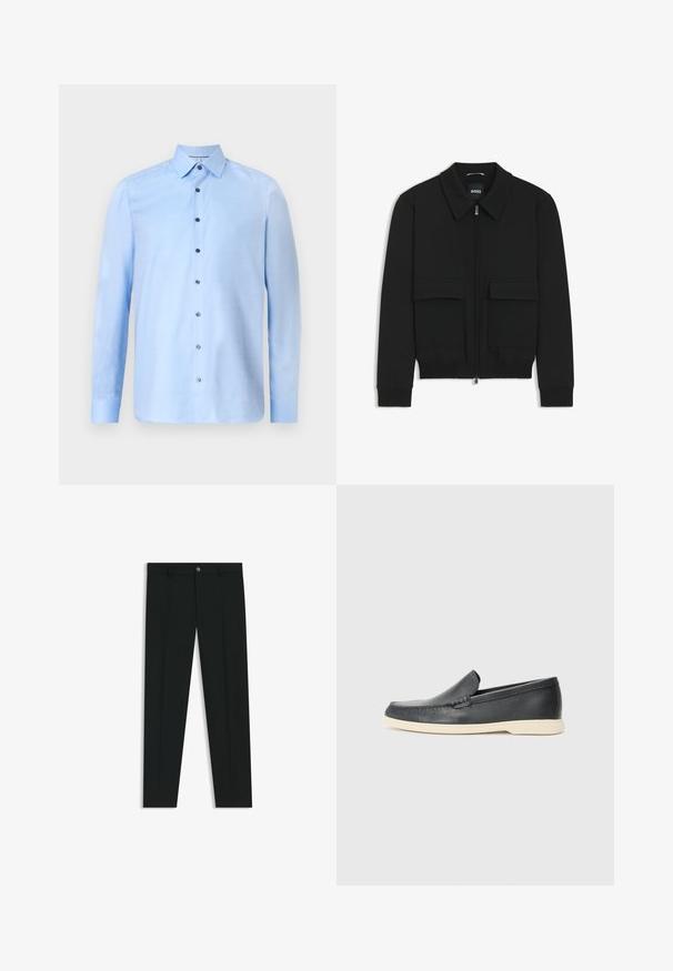 Veste bomber noire avec col, fermeture éclair à l'avant et deux grandes poches à rabat. Dotée de poignets et d'un bas côtelés, fabriquée en tissu texturé.; Chemise bleu clair à manches longues en tissu texturé, dotée d'un col classique et de boutons foncés contrastants sur le devant.; Pantalons noirs avec une coupe droite, fabriqués en tissu lisse. Présente une fermeture éclair à l'avant et des passants de ceinture. Unis sans motifs.; Mocassins noirs en cuir à enfiler avec une finition texturée et une semelle en caoutchouc beige contrastante. Présente un accent subtil sur le devant.