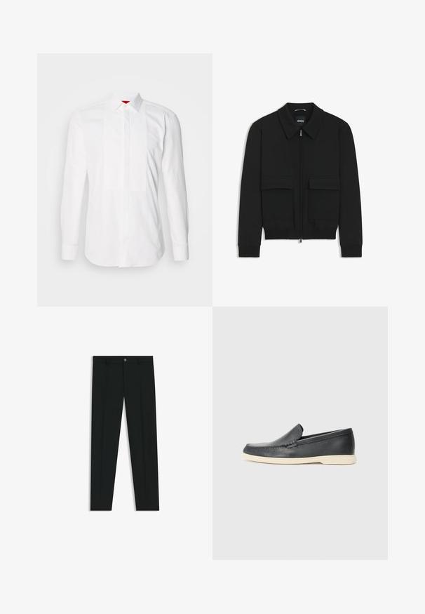 Black bomber jacket with a collared neck, zip front, and two large flap pockets. Features ribbed cuffs and hem, made of textured fabric.; White long-sleeve shirt made of cotton, featuring a front placket with vertical pleats. Classic collar and button cuffs. Smooth texture.; Black dress pants with a straight-leg design, made of smooth fabric. Features a front button closure and belt loops. Plain without patterns.; Black leather slip-on loafers with a textured finish and a contrasting beige rubber sole. Features a subtle accent along the front.