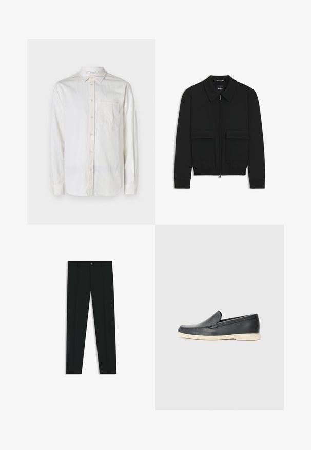Black bomber jacket with a collared neck, zip front, and two large flap pockets. Features ribbed cuffs and hem, made of textured fabric.; Long-sleeve, white shirt made of textured fabric with a button-down collar, front pocket, and button closures along the placket and cuffs.; Black dress pants with a straight-leg design, made of smooth fabric. Features a front button closure and belt loops. Plain without patterns.; Black leather slip-on loafers with a textured finish and a contrasting beige rubber sole. Features a subtle accent along the front.