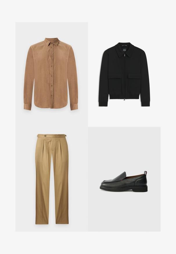 Black bomber jacket with a collared neck, zip front, and two large flap pockets. Features ribbed cuffs and hem, made of textured fabric.; Brown, long-sleeve button-up shirt in soft fabric, featuring a classic collar and front button closure. Smooth texture with a straight cut.; Beige trousers with a straight fit, featuring pleats, a button closure, and belt loops. Smooth fabric with a clean, tailored look.; Black leather slip-on shoe with a rounded toe, textured upper, contrasting red stitching, and a low heel. Features a looped pull tab.