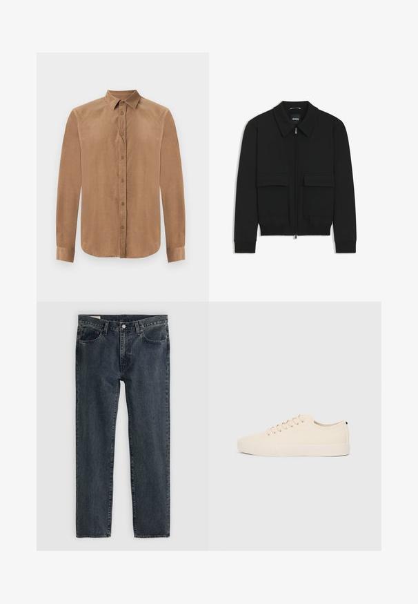 Black bomber jacket with a collared neck, zip front, and two large flap pockets. Features ribbed cuffs and hem, made of textured fabric.; Brown, long-sleeve button-up shirt in soft fabric, featuring a classic collar and front button closure. Smooth texture with a straight cut.; Dark blue denim jeans with a straight leg design, five pockets, and a button-fly closure. The fabric shows a subtle fade and texture.; Beige canvas sneakers with round toe, flat rubber sole, and lace-up front. Features minimal design and a contrasting black accent at the heel.