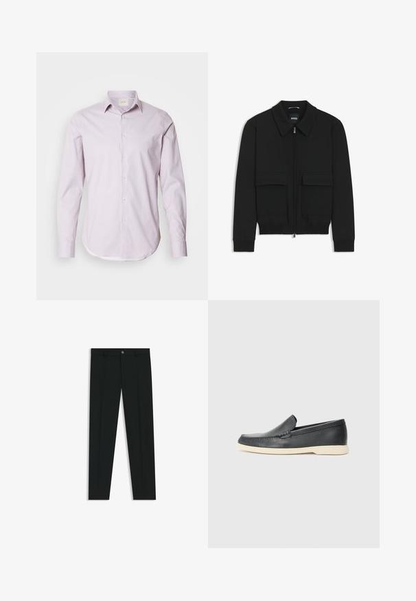 Sort bomberjakke med krave, lynlås foran og to store klaplommer. Har ribbede manchetter og bund, lavet af struktureret stof.; Lyserød langærmet skjorte med små hvide prikker, knap-ned krave og afrundet kant. Fremstillet af glat stof med en subtil glans.; Sorte dressbukser med lige ben-design, lavet af glat stof. Har en frontlukning med knap og bæltestropper. Enkle uden mønstre.; Sorte læder slip-on loafers med en struktureret overflade og en kontrasterende beige gummisål. Har en subtil detalje langs forsiden.