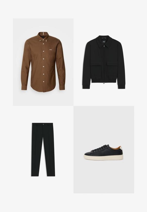 Giacca bomber nera con colletto, chiusura a zip frontale e due grandi tasche con patta. Presenta polsini e orlo a costine, realizzata in tessuto testurizzato.; BOSS ROAN - Camicia - brown; Pantaloni neri in tessuto lisci, con design a gamba dritta. Presentano una chiusura frontale con bottone e passanti per cintura. Senza fantasie.; Sneakers in pelle nera con una texture liscia, suola in gomma beige, design con lacci e un accento del tacco in contrasto.