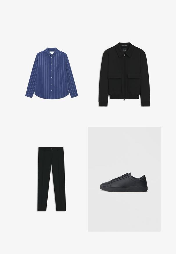 Musta pommikohva takki, jossa on kauluskulli, vetoketju etupuolella ja kaksi suurta läpällistä taskua. Varustettu ribbireunuksilla hihoissa ja helmassa, valmistettu teksturoituneesta kankaasta.; Laivaston napitettavissa oleva paita, jossa on valkoisia pystysuoria raitoja, pitkät hihat ja rintatasku. Valmistettu sileästä kankaasta, jossa on kaulussuunnittelu.; Musta housut, joissa on suora lahje, valmistettu sileästä kankaasta. Edessä nappisulku ja vyölenkit. Yksinkertainen ilman kuvioita.; Mustat lenkkarit, jotka on valmistettu sileästä nahasta, matalalla varrella, pyöreällä varvalla ja tasaisella kumipohjalla. Varusteena nauhat ja huomaamaton brändäys.