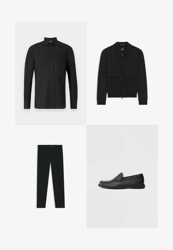 Black bomber jacket with a collared neck, zip front, and two large flap pockets. Features ribbed cuffs and hem, made of textured fabric.; Black long-sleeve shirt made of smooth fabric featuring a classic collar, button front closure, adjustable cuffs, and a tailored fit.; Black dress pants with a straight-leg design, made of smooth fabric. Features a front button closure and belt loops. Plain without patterns.; Black leather slip-on loafer with textured upper, rounded toe, low heel, and rubber sole, shown in side profile on white background.