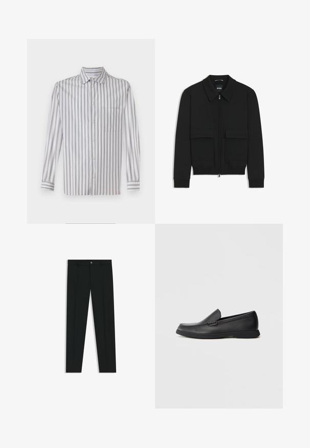 Schwarze Bikerjacke mit Kragen, Reißverschluss vorne und zwei großen Taschen mit Klappen. Mit Rippstrickbündchen und Saum, aus strukturiertem Stoff gefertigt.; Hellgrau gestreifte Button-up-Bluse mit weißen vertikalen Streifen, langen Ärmeln, Kragen, einer einzelnen Brusttasche und feiner Textur.; Schwarze Anzughosen mit geradem Bein, aus glattem Stoff. Mit Knopfverschluss vorne und Gürtelschlaufen. Schlicht ohne Muster.; Schwarze Leder Slipper mit strukturiertem Obermaterial, runder Zehenform, niedrigem Absatz und Gummisohle, seitlich auf weißem Hintergrund abgebildet.