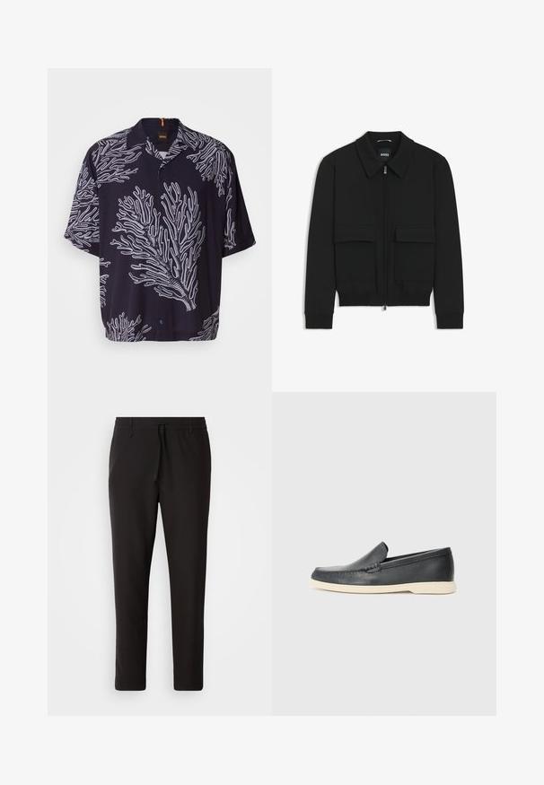 Giacca bomber nera con colletto, chiusura a zip frontale e due grandi tasche con patta. Presenta polsini e orlo a costine, realizzata in tessuto testurizzato.; Maglietta nera a maniche corte caratterizzata da motivi bianchi simili a coralli, con chiusura a bottoni e colletto a punta. Tessuto morbido con vestibilità rilassata.; Pantaloni jogger neri realizzati in tessuto liscio. Presentano una vita elasticizzata con stringa, gambe affusolate e senza tasche visibili. Design semplice.; Mocassini neri in pelle con finitura testurizzata e suola in gomma beige a contrasto. Presentano un accento sottile lungo la parte anteriore.