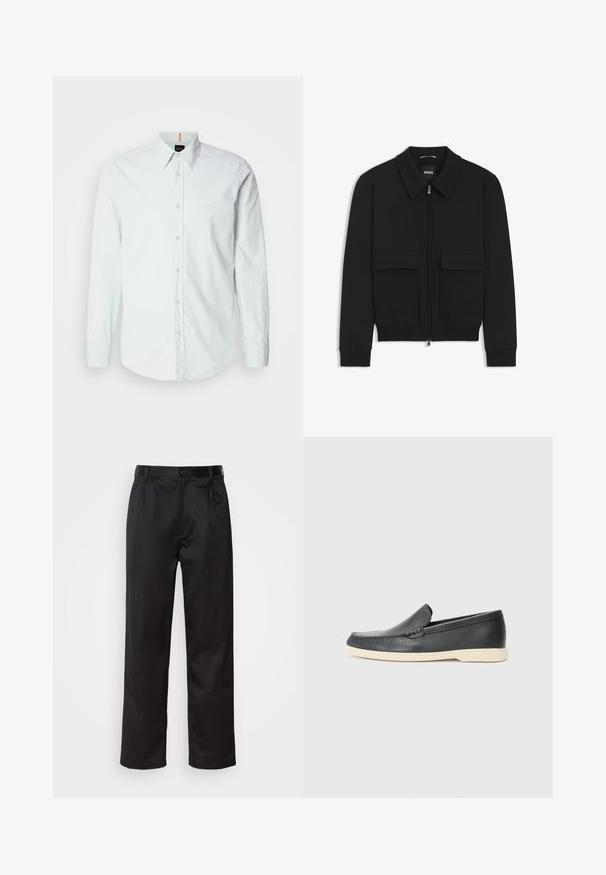 Schwarze Bikerjacke mit Kragen, Reißverschluss vorne und zwei großen Taschen mit Klappen. Mit Rippstrickbündchen und Saum, aus strukturiertem Stoff gefertigt.; Helles blaues Button-Down-Hemd aus Baumwolle, mit langen Ärmeln, einem klassischen Kragen und einem kleinen Logo auf der Brust. Weiche Textur.; Schwarze Hosen aus glattem Stoff, mit einem Knopfverschluss vorne, Falten und geraden Beinen. Keine sichtbaren Muster oder Akzente.; Schwarze Leder-Slipper mit strukturiertem Finish und einer kontrastierenden beige Gummisohle. Mit einem dezenten Akzent an der Vorderseite.