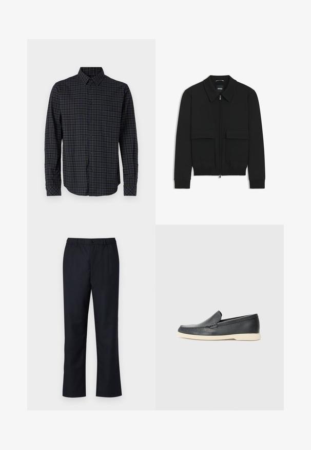 Schwarze Bikerjacke mit Kragen, Reißverschluss vorne und zwei großen Taschen mit Klappen. Mit Rippstrickbündchen und Saum, aus strukturiertem Stoff gefertigt.; Langarmhemd aus gewebtem Stoff, mit einem dunkelblauen und grünen Karomuster, Knopfverschluss vorne und spitzem Kragen.; Dunkelblaue Hosen mit flachem Vorderteil, elastischem Bund und einem einzelnen Knopfverschluss. Hergestellt aus glattem Stoff mit geradem Bein.; Schwarze Leder-Slipper mit strukturiertem Finish und einer kontrastierenden beige Gummisohle. Mit einem dezenten Akzent an der Vorderseite.