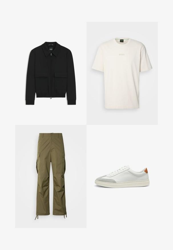 Black bomber jacket with a collared neck, zip front, and two large flap pockets. Features ribbed cuffs and hem, made of textured fabric.; BOSS TEE - Basic T-shirt - open white; Olive green cargo pants made of durable fabric, featuring a straight-leg design, side pockets, and adjustable ankle ties.; White leather sneakers with gray suede accents and a tan leather heel tab. Features a textured surface and lightweight sole.