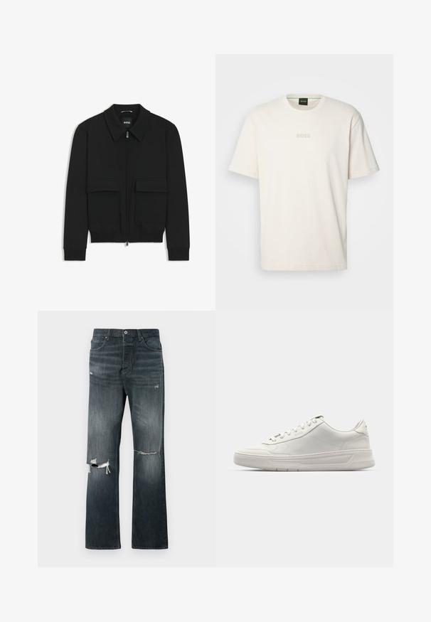 Giacca bomber nera con colletto, chiusura a zip frontale e due grandi tasche con patta. Presenta polsini e orlo a costine, realizzata in tessuto testurizzato.; BOSS TEE - T-shirt basic - open white; Jeans in denim con lavaggio scuro e fit rilassato, caratterizzati da due strappi alle ginocchia, chiusura con bottone standard e design a cinque tasche.; Sneakers bianchi con tomaia in pelle liscia, punta rotonda, chiusura con lacci e suola in gomma spessa. Logo discreto sul lato.