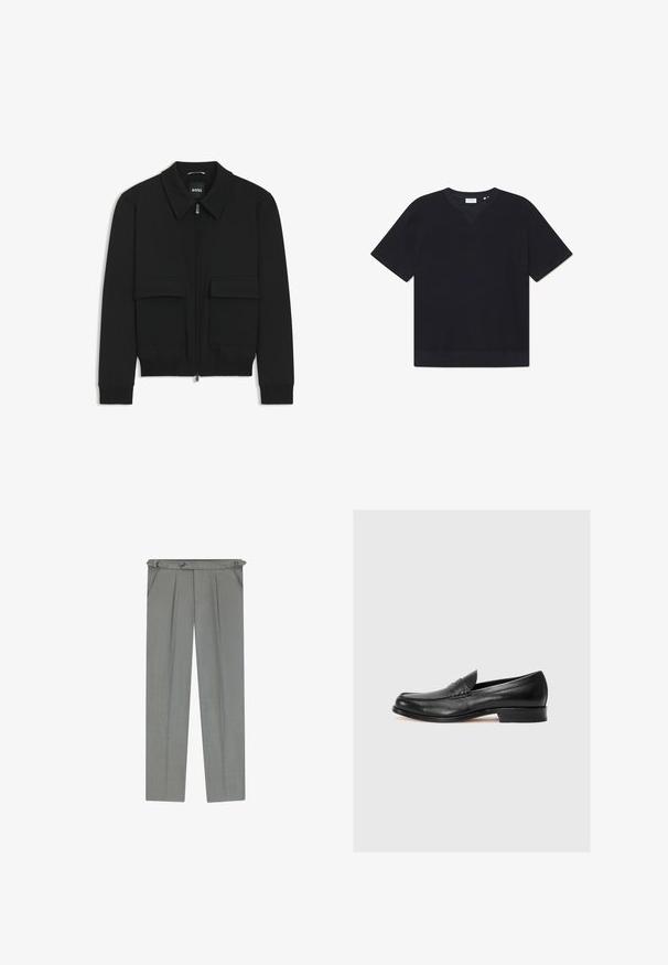 Black bomber jacket with a collared neck, zip front, and two large flap pockets. Features ribbed cuffs and hem, made of textured fabric.; Black short-sleeve t-shirt made from textured material, featuring a round neckline and a straight hem. No visible patterns or accents.; Light gray tailored trousers with a textured finish, featuring pleats, belt loops, and a button closure at the waist.; Black leather loafer with a rounded toe, contrast stitching, and a low heel, featuring a decorative strap across the front. Smooth texture.