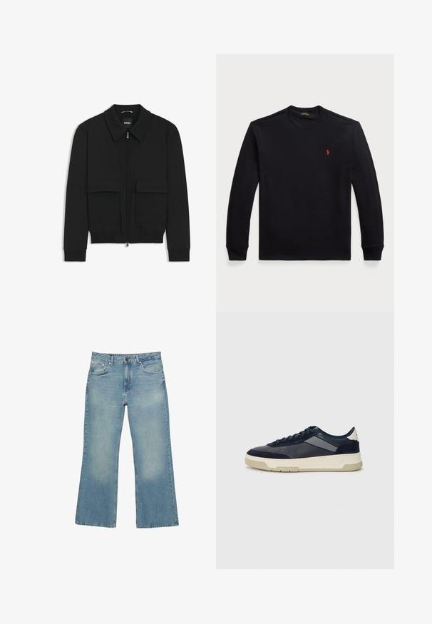 Czarna kurtka bomberka z kołnierzykiem, zapinana na zamek, z dwiema dużymi kieszeniami z klapami. Posiada ściągacze na mankietach i dole, wykonana z teksturowanej tkaniny.; Czarna bawełniana koszula z długim rękawem i okrągłym dekoltem, z małym czerwonym logo na piersi. Gładka tekstura i dopasowany krój.; Jasnoniebieskie dżinsy typu wide-leg z pięcioma kieszeniami, z zapięciem na guzik i subtelnym wyblaknięciem, charakteryzujące się surowym dołem i mocnym przeszyciem.; BOSS BALTIMORE niebieski