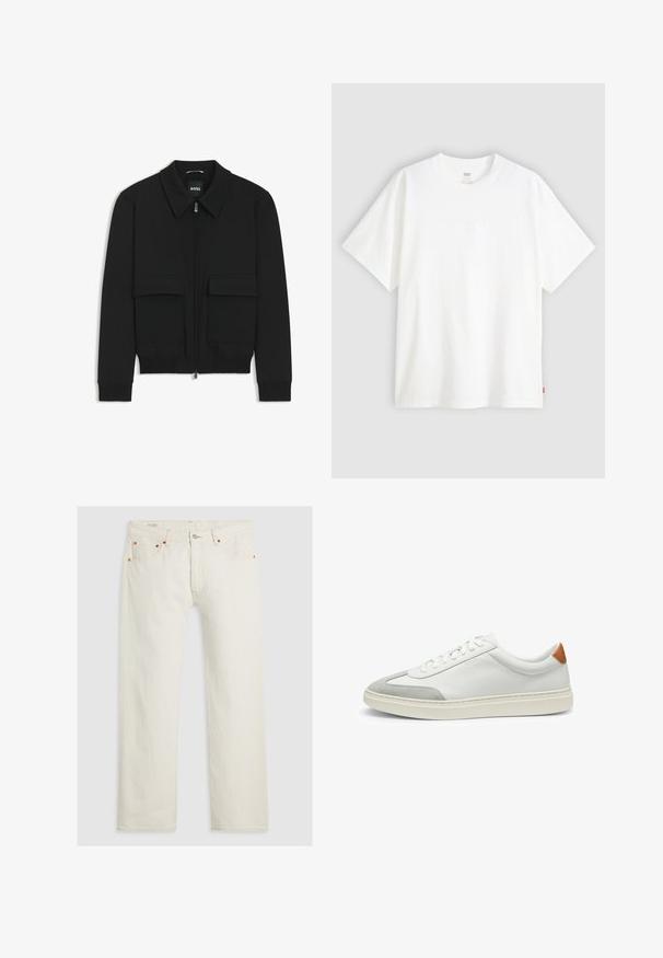 Black bomber jacket with a collared neck, zip front, and two large flap pockets. Features ribbed cuffs and hem, made of textured fabric.; White short-sleeve t-shirt made of cotton with a crew neck. Features subtle embossed logo detail on the front and a red label at the hem.; White denim jeans with a straight-leg cut, silver button closure, orange stitching, and five pockets. The fabric has a smooth texture.; White leather sneakers with gray suede accents and a tan leather heel tab. Features a textured surface and lightweight sole.