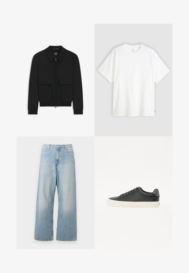 Zwarte bomberjack met een kraag, rits aan de voorkant en twee grote klepzakken. Heeft geribde manchetten en onderrand, gemaakt van textuurstof.; Witte pique t-shirt met korte mouwen van katoen en een ronde hals. Heeft een subtiele reliëf logo-detail aan de voorkant en een rood label aan de zoom.; Lichtblauwe wijde jeans van denim, met een hoge taille, voorzakken en een vervaagde wasbeurt met subtiele slijtageplekken op de dijen.; Zwarte leren sneaker met een gestructureerde afwerking, witte rubberen zool, ronde neus en groene accenten op de hiel. Zes gaatjes vetersluiting.