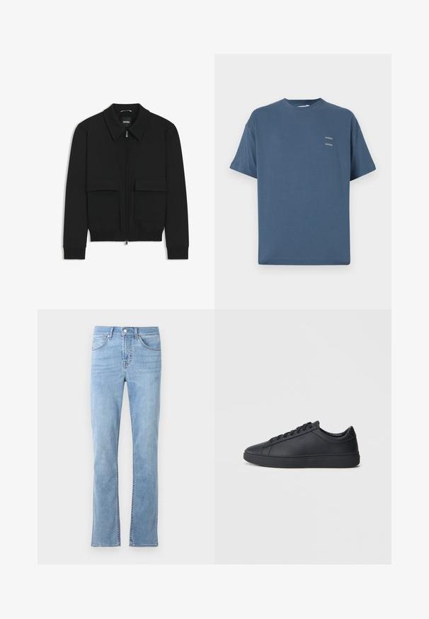 Black bomber jacket with a collared neck, zip front, and two large flap pockets. Features ribbed cuffs and hem, made of textured fabric.; Blue cotton t-shirt with a classic crew neck, short sleeves, relaxed fit, and two small printed logos on the chest. Smooth texture.; Light blue, straight-leg jeans made of cotton denim. Features five pockets, a front button closure, and subtle stitching details.; Black sneakers made of smooth leather with a low-top design, round toe, and flat rubber sole. Features laces and subtle branding.