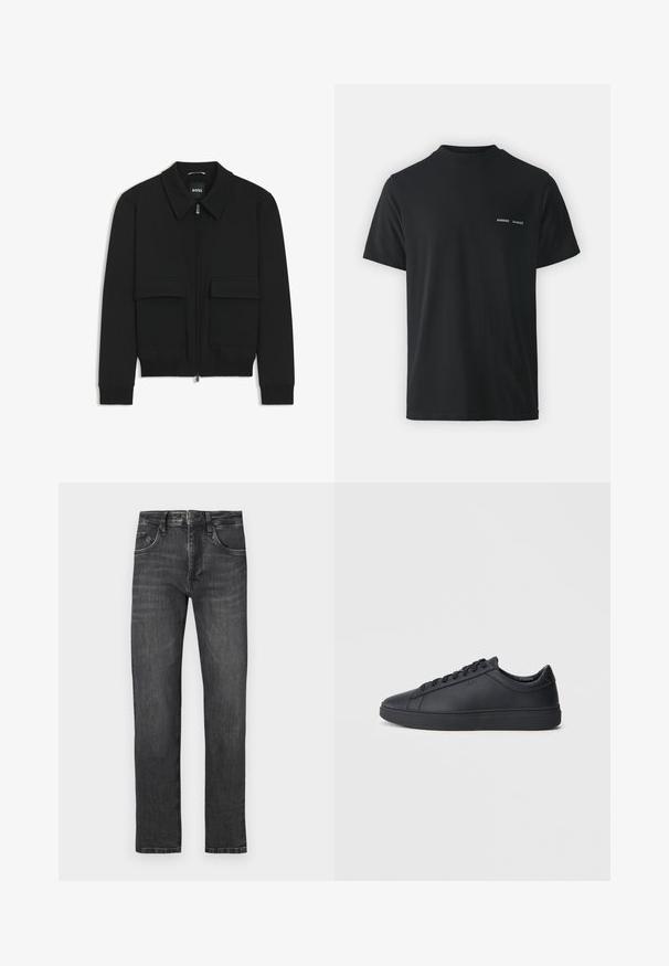 Black bomber jacket with a collared neck, zip front, and two large flap pockets. Features ribbed cuffs and hem, made of textured fabric.; Black cotton t-shirt with a classic crew neck, short sleeves, and two small white "SAMSØE" logos on the left chest.; Dark gray straight-leg jeans made of denim, featuring five pockets, a belt loop waistband, and subtle fading. Stitched accents visible.; Black sneakers made of smooth leather with a low-top design, round toe, and flat rubber sole. Features laces and subtle branding.