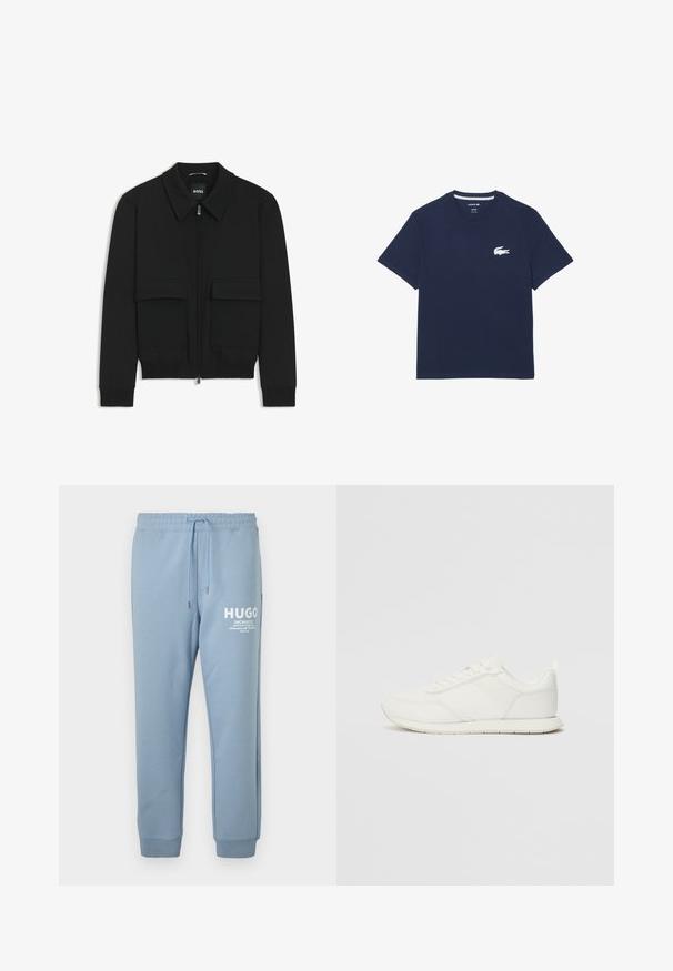 Zwarte bomberjack met een kraag, rits aan de voorkant en twee grote klepzakken. Heeft geribde manchetten en onderrand, gemaakt van textuurstof.; Marineblauwe katoenen t-shirt met korte mouwen, ronde hals en een witte geborduurde krokodillenlogo op de linkerborst. Reguliere pasvorm.; Lichtblauwe sweatpants van zacht fabric, met een elastische tailleband met een trekkoord en een witte logo-afdruk op de linkerdij.; Witte sneaker met een bovenwerk van mesh en synthetisch materiaal, ronde neus, platte veters en een getextureerde zijstrip. Rubberen zool met een lusje aan de achterkant.