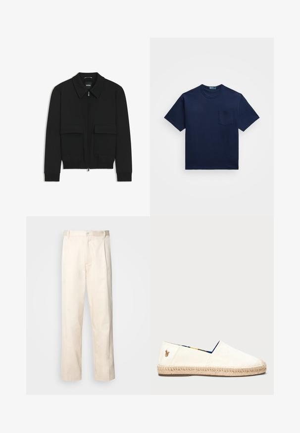 Black bomber jacket with a collared neck, zip front, and two large flap pockets. Features ribbed cuffs and hem, made of textured fabric.; Navy blue cotton t-shirt with a crew neckline, short sleeves, and a left chest pocket. Smooth texture with a classic fit.; Beige cotton trousers with a straight-leg cut, featuring a button closure and pleats at the front for added detail.; Canvas espadrille in off-white with a rope sole. Features a blue patterned lining and a small embroidered logo on the heel.