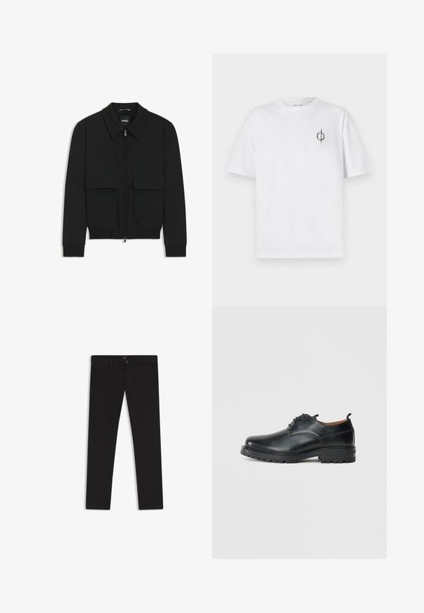 Black bomber jacket with a collared neck, zip front, and two large flap pockets. Features ribbed cuffs and hem, made of textured fabric.; White cotton t-shirt with a relaxed fit, featuring a small black graphic logo on the left chest area. Short sleeves, crew neck style.; Black trousers made of fabric with a smooth texture. Features a button closure, belt loops, and side pockets. Standard straight-leg design.; Black leather derby shoes with a smooth texture, rounded toe, lace-up design, and a thick, rugged rubber sole.