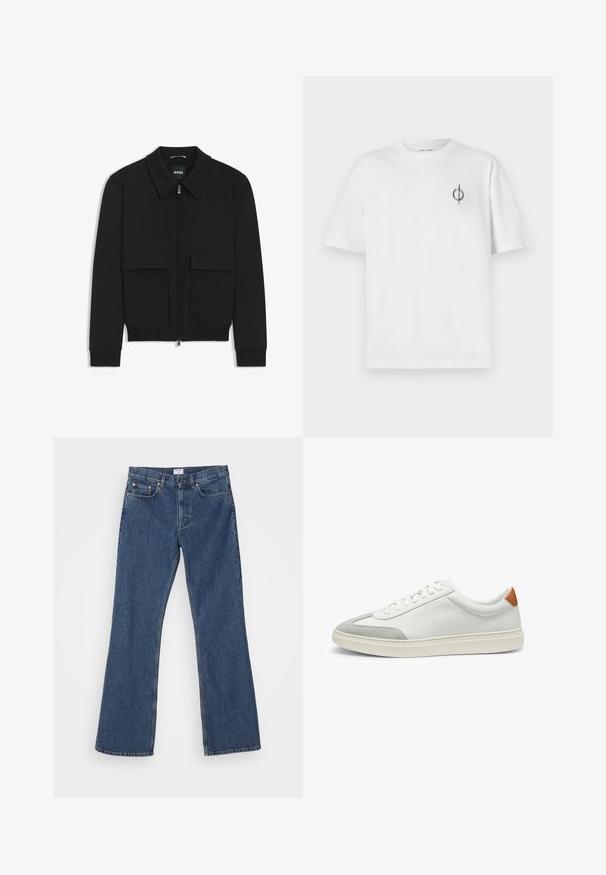 Black bomber jacket with a collared neck, zip front, and two large flap pockets. Features ribbed cuffs and hem, made of textured fabric.; White cotton t-shirt with a relaxed fit, featuring a small black graphic logo on the left chest area. Short sleeves, crew neck style.; Filippa K Bootcut jeans - washed mid blue; White leather sneakers with gray suede accents and a tan leather heel tab. Features a textured surface and lightweight sole.