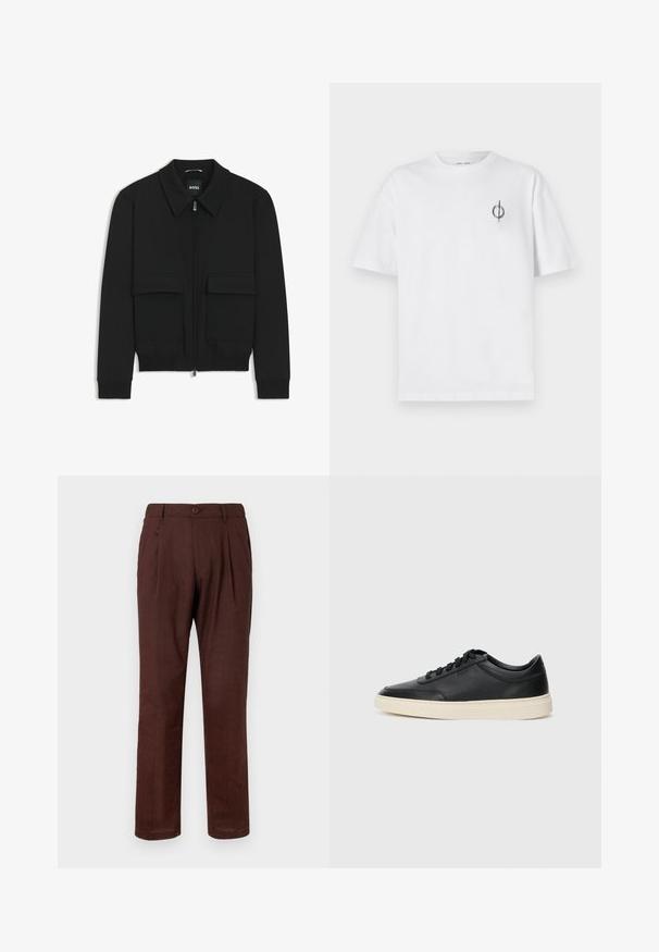 Black bomber jacket with a collared neck, zip front, and two large flap pockets. Features ribbed cuffs and hem, made of textured fabric.; White cotton t-shirt with a relaxed fit, featuring a small black graphic logo on the left chest area. Short sleeves, crew neck style.; Brown, pleated trousers made from textured fabric. Features a button closure and a relaxed fit, tapering slightly towards the ankle.; Black low-top leather sneaker with black laces and off-white sole shown in side profile on white background.