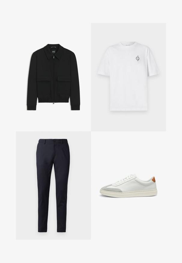 Black bomber jacket with a collared neck, zip front, and two large flap pockets. Features ribbed cuffs and hem, made of textured fabric.; White cotton t-shirt with a relaxed fit, featuring a small black graphic logo on the left chest area. Short sleeves, crew neck style.; Navy trousers made of smooth fabric, featuring a slim fit, belt loops, and a single button closure. Straight legs with subtle creases.; White leather sneakers with gray suede accents and a tan leather heel tab. Features a textured surface and lightweight sole.