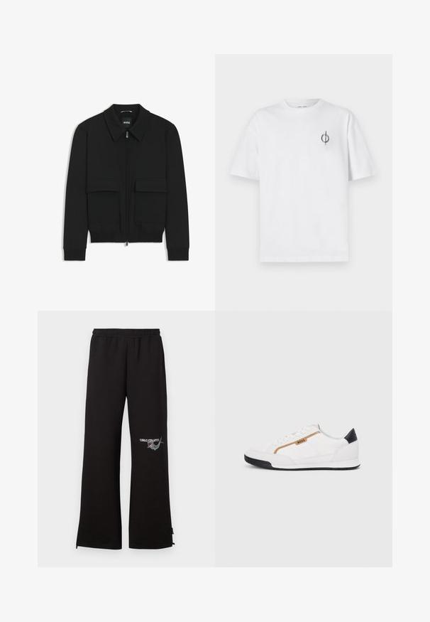 Czarna kurtka bomberka z kołnierzykiem, zapinana na zamek, z dwiema dużymi kieszeniami z klapami. Posiada ściągacze na mankietach i dole, wykonana z teksturowanej tkaniny.; Biała bawełniana koszulka o luźnym kroju, z małym czarnym graficznym logo na lewej piersi. Krótkie rękawy, klasyczny okrągły dekolt.; Czarne dresy z elastycznym paskiem w talii, z haftowanym logo i graficznym detalem na lewej nogawce. Proste nogawki z zamkami błyskawicznymi na mankietach.; Białe buty sportowe z siateczkowymi i skórzanymi akcentami. Posiadają złote logo "BOSS", teksturowane boczne panele i czapkę pięty w kolorze czarnym. Gumowa podeszwa.