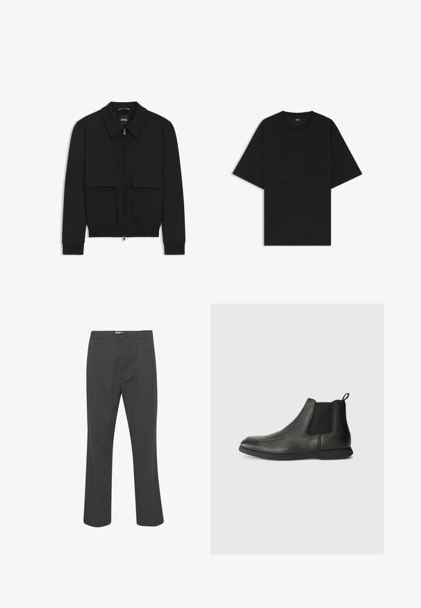 Czarna kurtka bomberka z kołnierzykiem, zapinana na zamek, z dwiema dużymi kieszeniami z klapami. Posiada ściągacze na mankietach i dole, wykonana z teksturowanej tkaniny.; Czarna koszulka z krótkim rękawem i okrągłym dekoltem o luźnym fasonie, z małą metką "BOSS" wewnątrz kołnierzyka.; Czarne spodnie o prostym kroju, wykonane z tkaniny w okresie. Wyposażone w guziki z przodu i standardowe szlufki na pasek.; Czarne skórzane botki za kostkę o gładkiej fakturze, z elastycznymi bokami i pętelką z tyłu. Okrągły nos i gumowa podeszwa.
