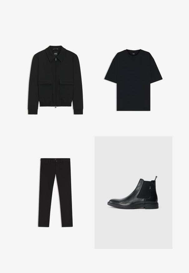 Svart bomberjacka med krage, dragkedja framtill och två stora klafffickor. Har ribbade mudd och nederkant, tillverkad av strukturerad tyg.; Svart bomullströja med rund hals och korta ärmar. Har en lös passform och en enkel design utan mönster eller accenter.; Svarta byxor gjorda av tyg med en slät textur. Har en knäppning med knapp, bälteshällor och sidofickor. Standard rakt ben-design.; Svarta läder Chelsea-boots med elastiska sidopaneler, en dragflik och en platt gummisula. Slät yta med minimal detaljering.