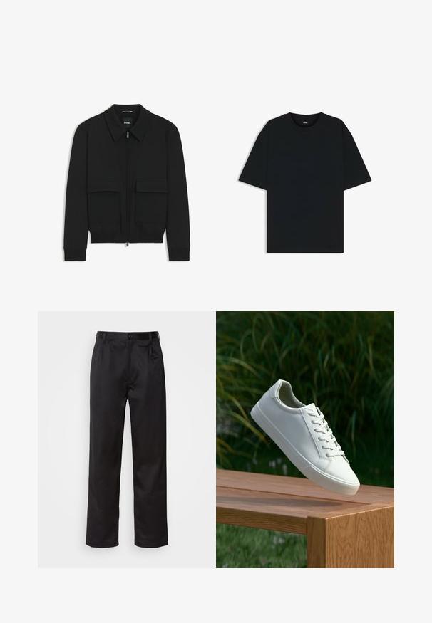 Black bomber jacket with a collared neck, zip front, and two large flap pockets. Features ribbed cuffs and hem, made of textured fabric.; Black cotton t-shirt with a round neckline and short sleeves. Features a loose fit and a simple design without patterns or accents.; Black trousers made of smooth fabric, featuring a front button closure, pleats, and straight legs. No visible patterns or accents.; White lace-up sneaker hovering above wooden bench with green foliage in the background, showcasing shoe design and texture.