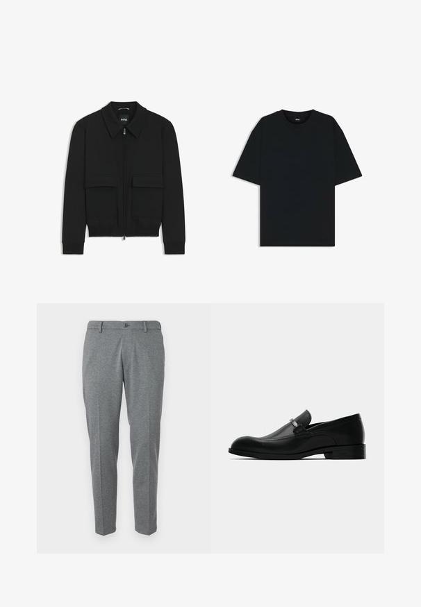Black bomber jacket with a collared neck, zip front, and two large flap pockets. Features ribbed cuffs and hem, made of textured fabric.; Black cotton t-shirt with a round neckline and short sleeves. Features a loose fit and a simple design without patterns or accents.; Gray dress pants made from a textured fabric, featuring a button closure, belt loops, and two front pockets, slim fit design.; Black leather men's loafer with a metal buckle detail, low heel, and branded sole, shown from the side on a white background.