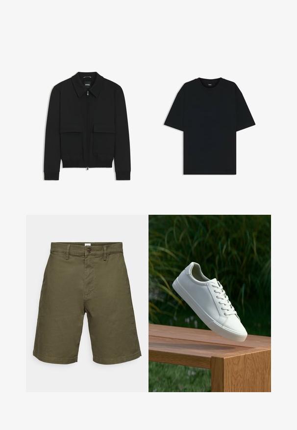 Black bomber jacket with a collared neck, zip front, and two large flap pockets. Features ribbed cuffs and hem, made of textured fabric.; Black cotton t-shirt with a round neckline and short sleeves. Features a loose fit and a simple design without patterns or accents.; Olive green shorts made from cotton with a button closure. Features a flat front, short length, and visible stitching detail.; White lace-up sneaker hovering above wooden bench with green foliage in the background, showcasing shoe design and texture.