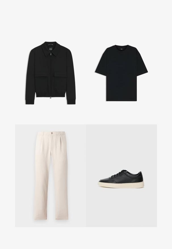 Black bomber jacket with a collared neck, zip front, and two large flap pockets. Features ribbed cuffs and hem, made of textured fabric.; Black cotton t-shirt with a round neckline and short sleeves. Features a loose fit and a simple design without patterns or accents.; Beige trousers with an elastic waistband and button at the front, featuring a straight-leg design and a smooth, textured fabric.; Black low-top leather sneaker with black laces and off-white sole shown in side profile on white background.