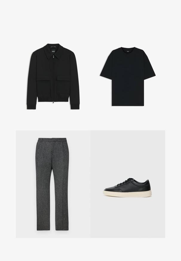 Black bomber jacket with a collared neck, zip front, and two large flap pockets. Features ribbed cuffs and hem, made of textured fabric.; Black cotton t-shirt with a round neckline and short sleeves. Features a loose fit and a simple design without patterns or accents.; Tailored gray trousers made of textured fabric with a subtle pattern, featuring a straight leg design and a standard waistband.; Black low-top leather sneaker with black laces and off-white sole shown in side profile on white background.