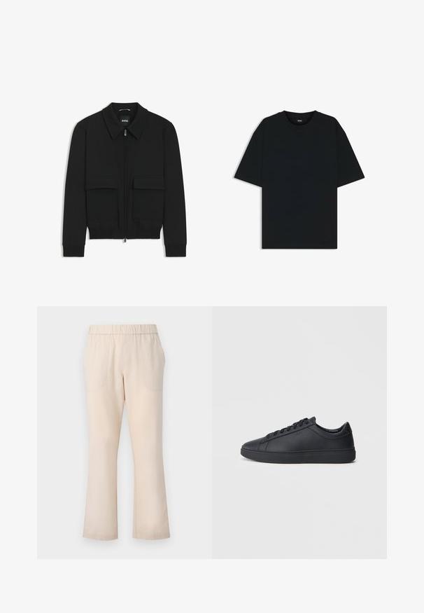 Black bomber jacket with a collared neck, zip front, and two large flap pockets. Features ribbed cuffs and hem, made of textured fabric.; Black cotton t-shirt with a round neckline and short sleeves. Features a loose fit and a simple design without patterns or accents.; Beige flared trousers featuring an elastic waistband, two front pockets, and a smooth cotton texture. No visible patterns or hardware.; Black sneakers made of smooth leather with a low-top design, round toe, and flat rubber sole. Features laces and subtle branding.