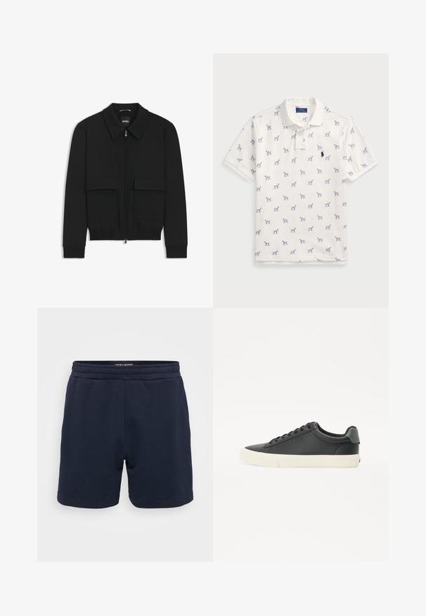 Musta pommikohva takki, jossa on kauluskulli, vetoketju etupuolella ja kaksi suurta läpällistä taskua. Varustettu ribbireunuksilla hihoissa ja helmassa, valmistettu teksturoituneesta kankaasta.; Valkoinen polo-paita, joka on valmistettu puuvillasta ja jossa on toistuva sininen koirakuosi sekä pieni sininen logo rinnassa. Lyhyet hihat ja kaulus.; Navy blue cotton shorts with an elastic waistband, featuring a smooth texture and stitched hems. Small brand logo on the side.; Mustat nahkaiset tennarit, joissa on teksturoitu pinta, valkoinen kumipohja, pyöreä kärki ja vihreä yksityiskohta kantapäässä. Kuusi nauhakujaa.