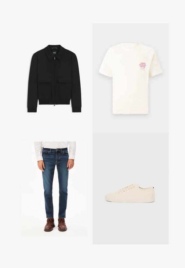 Chaqueta bomber negra con cuello tipo camisa, cierre frontal de cremallera y dos grandes bolsillos con solapa. Presenta puños ribeteados y dobladillo, confeccionada en tela texturizada.; Camiseta blanca de manga corta con el texto rojo "Edición de Studio Originals" en el lado izquierdo del pecho, exhibida sobre un fondo gris neutro.; Jeans oscuros de corte slim con detalles desvaídos, diseño de cinco bolsillos y costuras en contraste, combinados con zapatillas marrones.; Zapatillas de lona beige con puntera redonda, suela de goma plana y cierre de cordones en la parte delantera. Presentan un diseño minimalista y un acento negro contrastante en el talón.