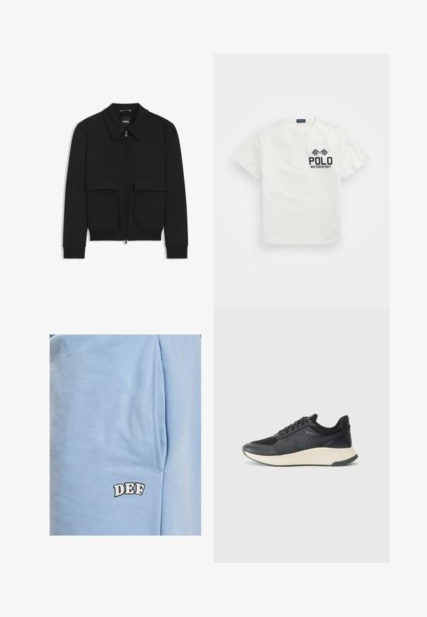 Zwarte bomberjack met een kraag, rits aan de voorkant en twee grote klepzakken. Heeft geribde manchetten en onderrand, gemaakt van textuurstof.; Witte katoenen T-shirt met een ronde hals, voorzien van een zwart "Polo Motorsport" logo en gekruiste geblokte vlaggen op de linkerborst.; DEF Shorts - blue; Zwarte sport sneaker met een mesh bovenkant met perforaties, een gestructureerde tussenzool in roomkleur en een rubberen buitenzool voor grip.