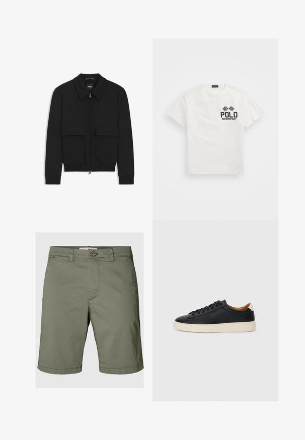Giacca bomber nera con colletto, chiusura a zip frontale e due grandi tasche con patta. Presenta polsini e orlo a costine, realizzata in tessuto testurizzato.; T-shirt bianca in cotone con colletto rotondo, con logo nero "Polo Motorsport" e bandiere a scacchi incrociate sul lato sinistro del petto.; Pantaloni corti verde oliva in cotone, con chiusura a bottone, passanti per cintura e taglio dritto con dettagli di orlo piegato.; Sneakers in pelle nera con una texture liscia, suola in gomma beige, design con lacci e un accento del tacco in contrasto.