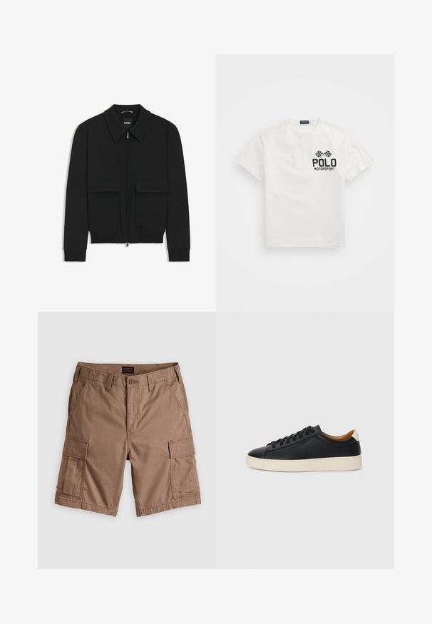 Black bomber jacket with a collared neck, zip front, and two large flap pockets. Features ribbed cuffs and hem, made of textured fabric.; White cotton T-shirt with a round neck, featuring a black "Polo Motorsport" logo and crossed checkered flags on the left chest.; Brown cargo shorts made of cotton, featuring multiple side pockets, a button closure, and a flat front design. Smooth texture, casual style.; Black leather sneakers with a smooth texture, beige rubber sole, lace-up design, and a contrasting heel accent.