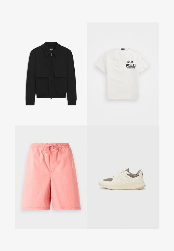 Black bomber jacket with a collared neck, zip front, and two large flap pockets. Features ribbed cuffs and hem, made of textured fabric.; White cotton T-shirt with a round neck, featuring a black "Polo Motorsport" logo and crossed checkered flags on the left chest.; Light pink shorts made of cotton, featuring an elastic waistband with a drawstring, and a single front pocket with a stitched seam.; White and light beige athletic sneaker, featuring a mesh upper, perforated detailing, and a textured midsole with branding on the heel.