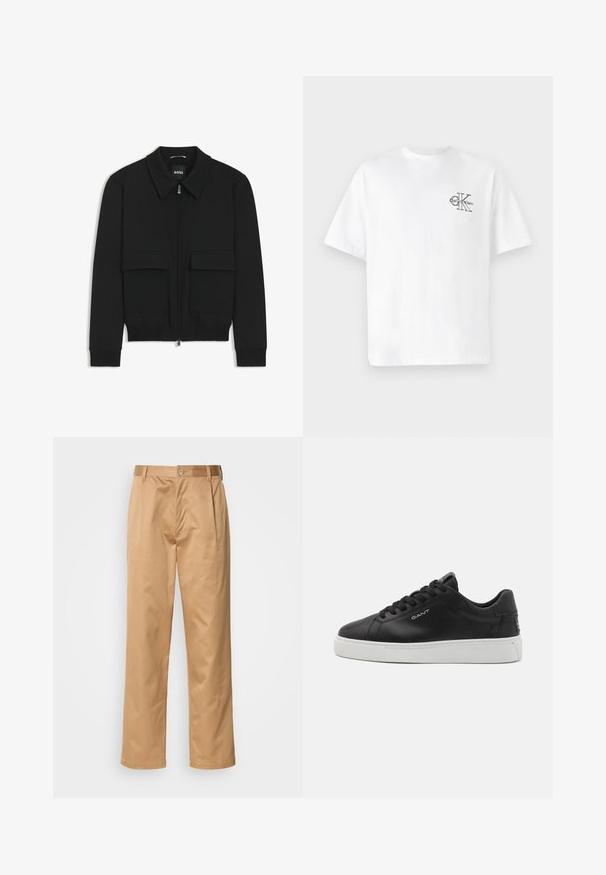 Svart bomberjacka med krage, dragkedja framtill och två stora klafffickor. Har ribbade mudd och nederkant, tillverkad av strukturerad tyg.; Vit bomull T-shirt med korta ärmar och rund halsringning, med en svart CK-logotyp på vänster bröstparti, standard passform, slät yta.; Khakifärgade byxor, blandning av bomull, rak bendesign, framfickor, bälteshällor och knappstängning. Slät textur utan mönster.; Svart lädersneaker med vit gummisula. Har rund tå, snörning fram och prägling av logotyp på sidan. Slät textur.